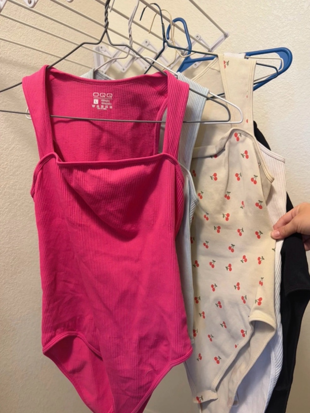 BUNDLE 5 OQQ Women's Fitted Ribbed Tank Bodysuit - Hot Pink, white, cherry,